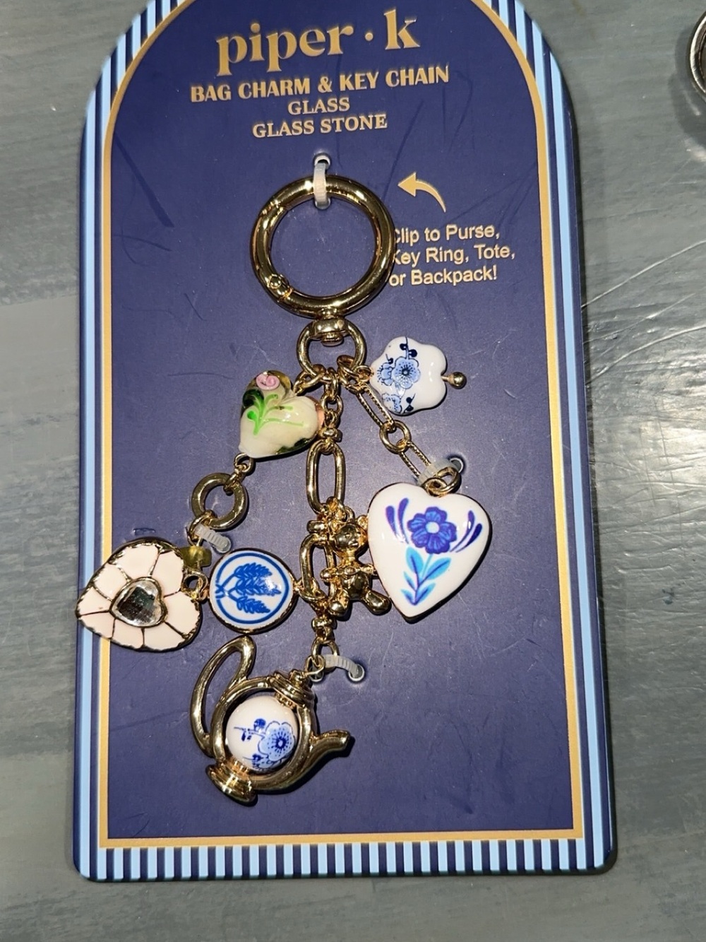 Piper Heart & Teapot Blue and White Porcelain-Style Bag Charm with Gold Accents